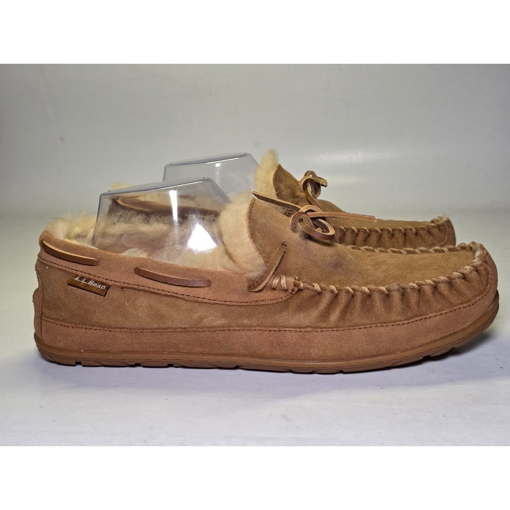 LL Bean Wicked Good Men's Slippers Size 10 Brown Suede Shearling Shoes Moccasin